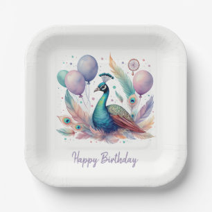 Cute Watercolor Peacock Balloons Birthday Paper Plate