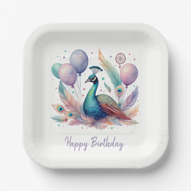 Cute Watercolor Peacock Balloons Birthday  Paper Plate (Front)