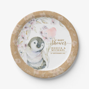 Cute Watercolor Penguin Gender Neutral Baby Shower Paper Plate