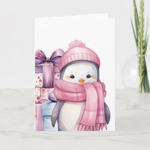 Cute Watercolor Penguin in Pink with Gifts Card