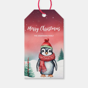 Cute watercolor  Penguin Santa Christmas party kid Gift Tags