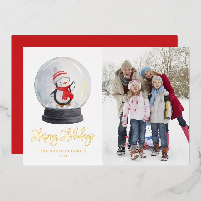 Cute Watercolor Penguin Snow Globe Photo (Front/Back)