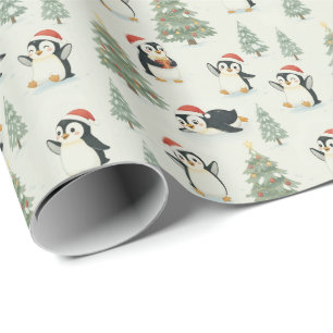 Cute Watercolor Penguins Christmas Forest Holiday Wrapping Paper