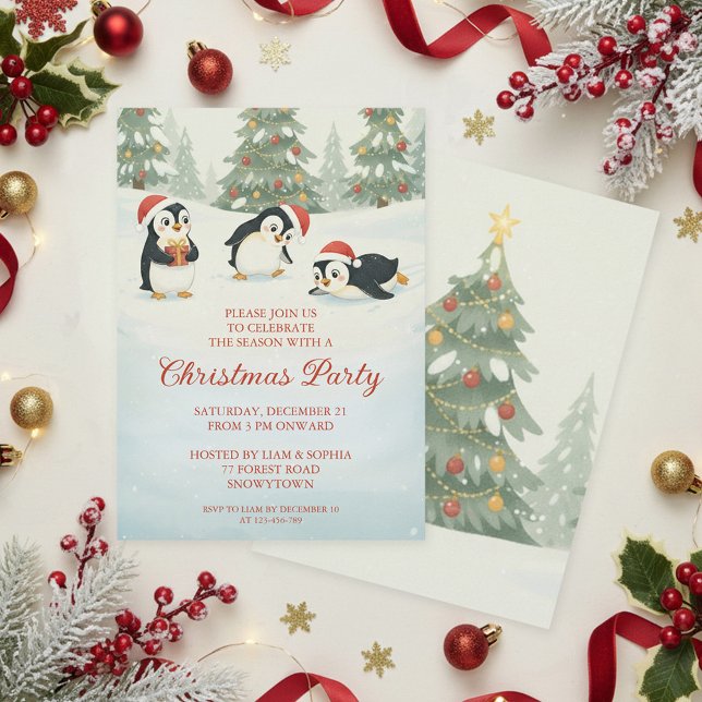 Cute Watercolor Penguins Christmas Forest Invitation (Creator Uploaded)