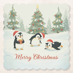 Cute Watercolor Penguins Christmas Forest Paper Coaster