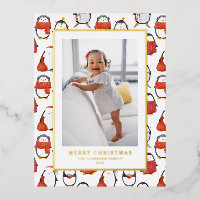 Cute Watercolor Penguins Pattern Christmas Photo