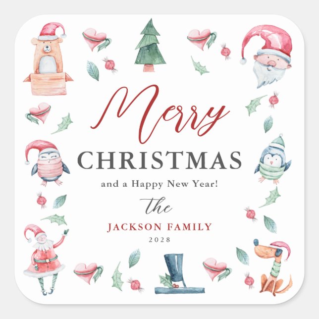 Cute Watercolor Personalised Merry Christmas  Square Sticker (Front)