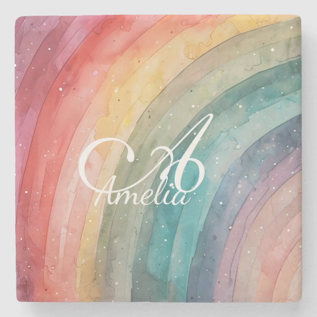 Cute Watercolor Personalised Rainbow  Stone Coaster (Front)