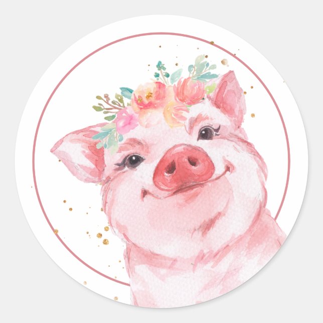 Cute Watercolor Pig Classic Round Sticker (Front)