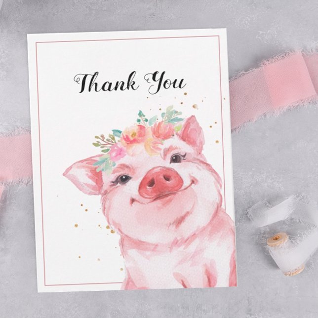 Cute Watercolor Pig Thank You Card (A thank you card decorated with an adorable watercolor pig.)