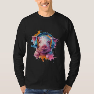 Cute Watercolor Pig With Headphones Music Lover Ar T-Shirt