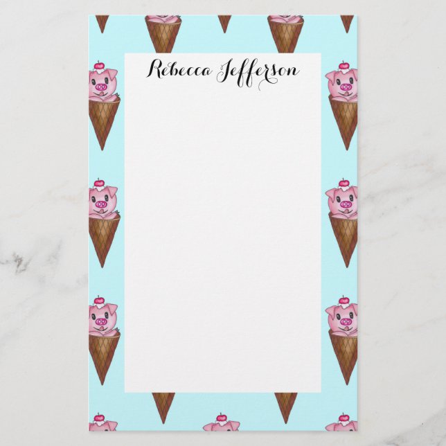 Cute Watercolor Piggy Ice Cream Pink Teal Pattern Stationery (Front)