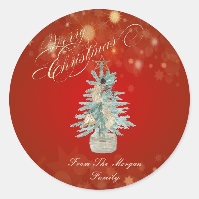 Cute Watercolor Pine Tree Red Christmas  Classic Round Sticker (Front)