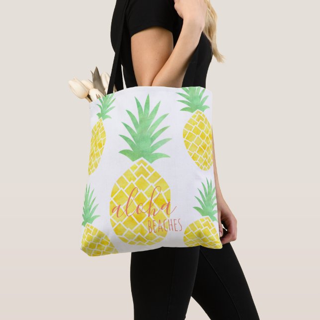 Cute Watercolor Pineapple Aloha Beaches Tote Bag (Close Up)