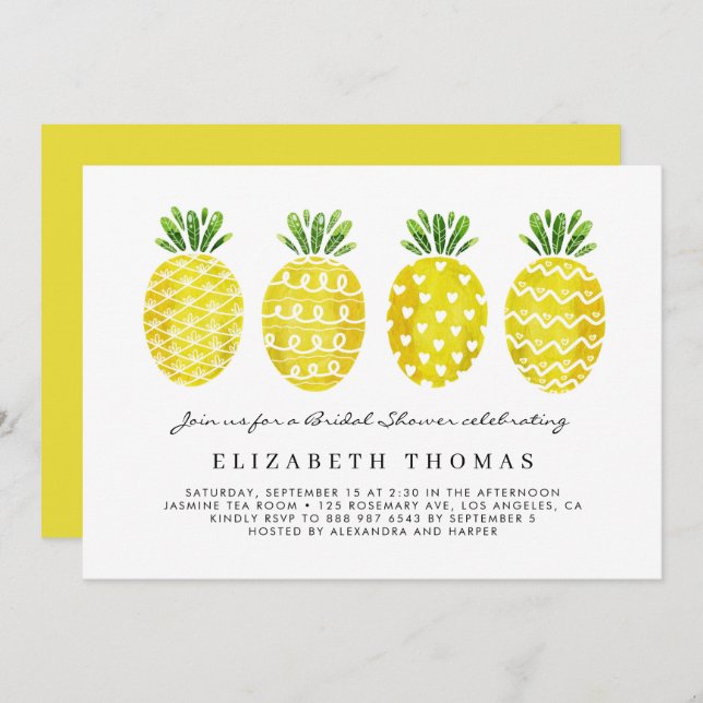 Cute Watercolor Pineapples Summer Bridal Shower Invitation (Front/Back)