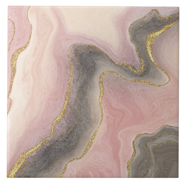 Cute Watercolor Pink and Grey Gold Glitter Marble Tile (Front)