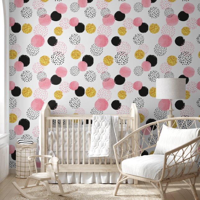 Cute Watercolor Pink Black Gold Polka Dots Nursery Wallpaper (Kids)
