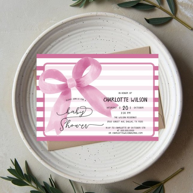 Cute Watercolor Pink Bow Baby Shower Invitation (Creator Uploaded)