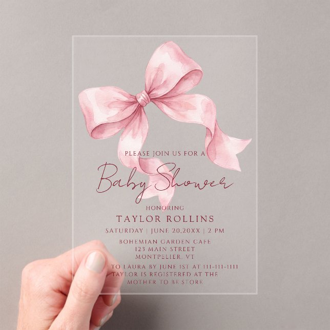 Cute Watercolor Pink Bow Baby Shower Invitation (Insitu (Handheld))