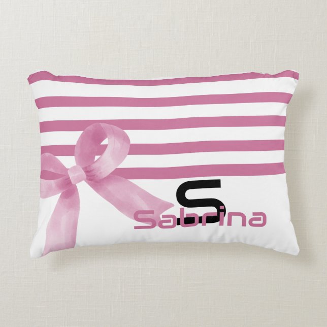 Cute Watercolor Pink Bow Stripes Accent Pillow (Front)