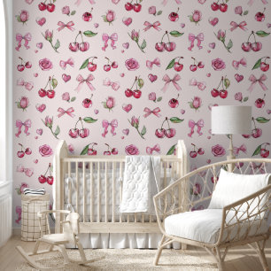 Cute Watercolor Pink Bows Cherry Rose Coquette Wallpaper