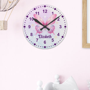 Cute Watercolor PInk Butterfly - Girl Decoration Round Clock