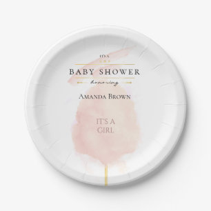 Cute Watercolor Pink Cotton Candy Baby Shower Paper Plate