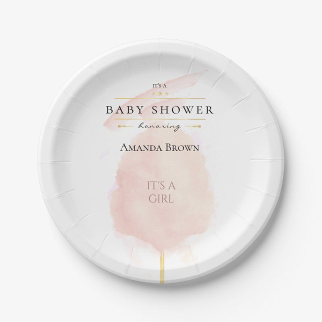 Cute Watercolor Pink Cotton Candy Baby Shower Paper Plate (Front)