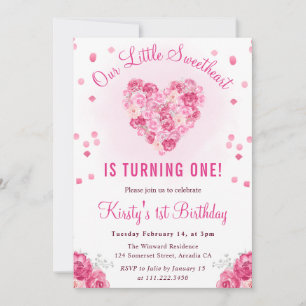 Cute Watercolor Pink Floral Heart 1st Birthday Invitation