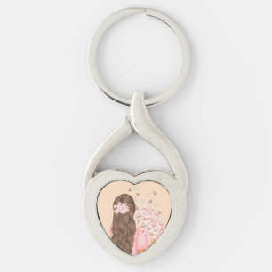 Cute Watercolor Pink Flowers Monogramed for her Key Ring