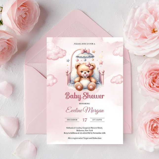 Cute watercolor pink girl teddy bear in crib invitation (Blush Pink Teddy Bear Cloud Girl Baby Shower Invite Editable Printable Template)