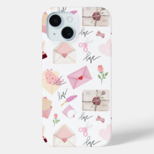 Cute Watercolor Pink Love Letters Seamless Pattern iPhone 15 Case