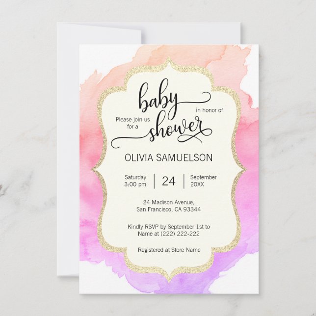 Cute Watercolor Pink Peach Purple GIRL Baby Shower Invitation (Front)
