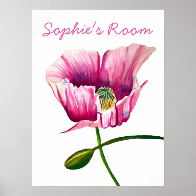 Cute watercolor pink poppy girl's room poster (Front)