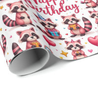 Cute Watercolor Pink Raccoons Birthday Scene -