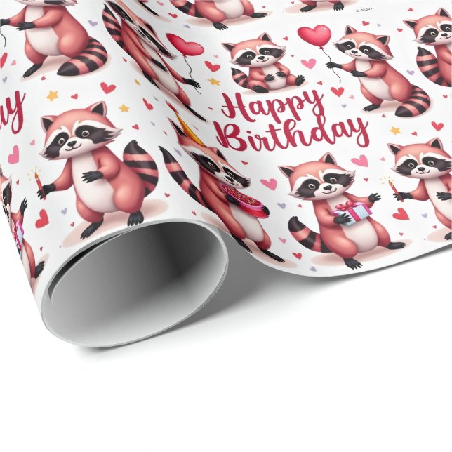 Cute Watercolor Pink Racoon Birthday Scene -  Wrapping Paper (Roll Corner)