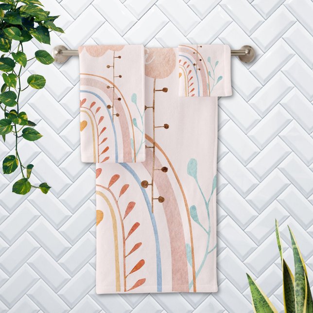 Cute Watercolor Pink Rainbow Kids Bath Towel Set (In situ Bathroom wall)