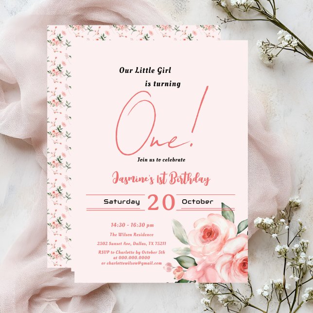 Cute Watercolor Pink Rose Baby Girl 1st Birthday Invitation (Creator Uploaded)