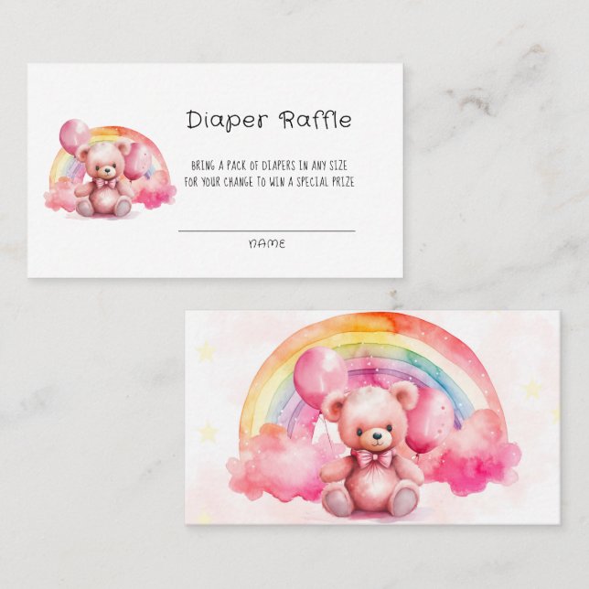Cute Watercolor Pink Teddy Bear Diaper Raffle Business Card (Front/Back)