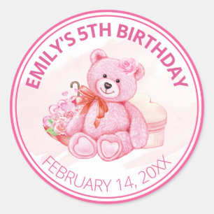 Cute Watercolor Pink Teddy Bear & Flowers Birthday Classic Round Sticker