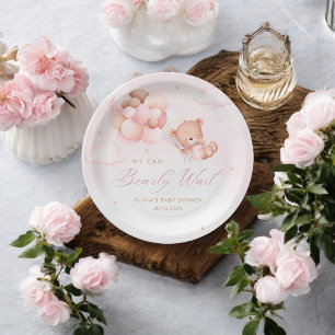 Cute Watercolor pink Teddy Bear Girl Baby Shower Paper Plate