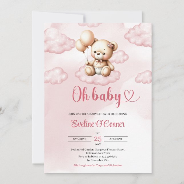 Cute watercolor pink teddy bear over the cloud  invitation (Front)