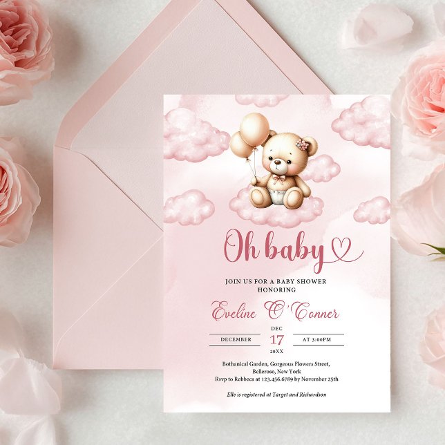 Cute watercolor pink teddy bear over the cloud  invitation (Cute watercolor pink teddy bear over the cloud invitation)