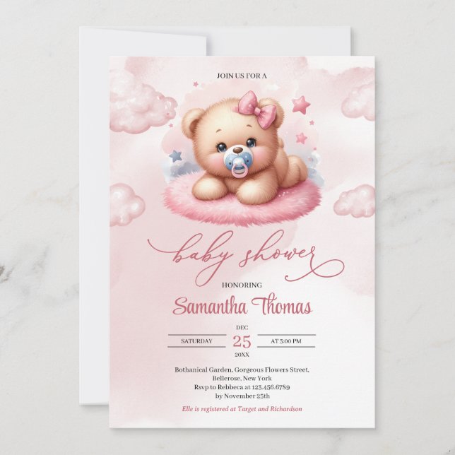 Cute Watercolor pink teddy bear with pacifier Invitation (Front)