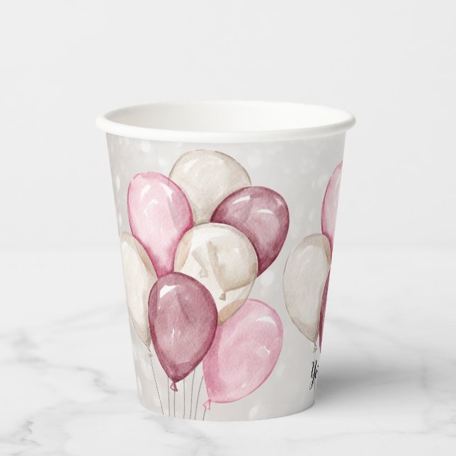 Cute Watercolor Pink White Balloons Party Paper Cups (Front)