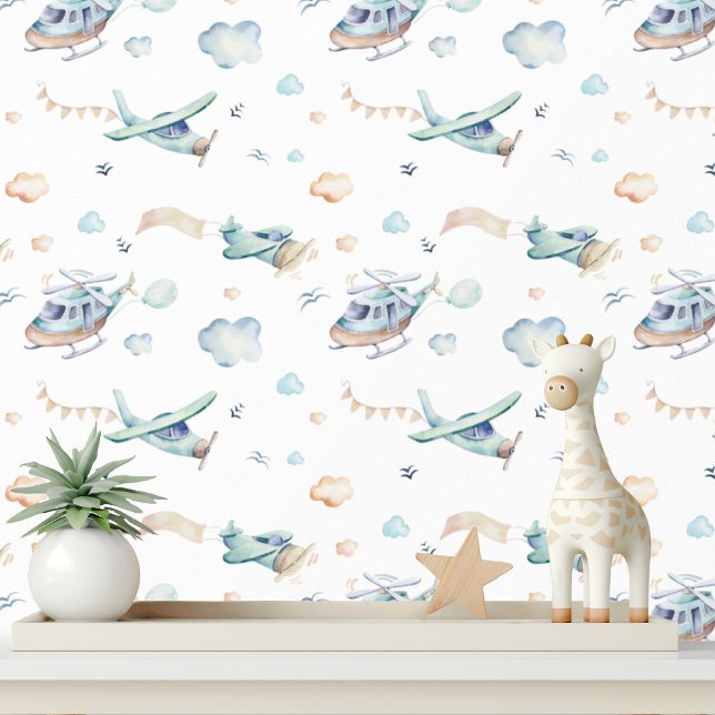 Cute Watercolor Planes Helicopters Clouds Boys Wallpaper (Creator Uploaded)