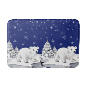 Cute Watercolor Polar Bear Pine Trees Christmas Bath Mat