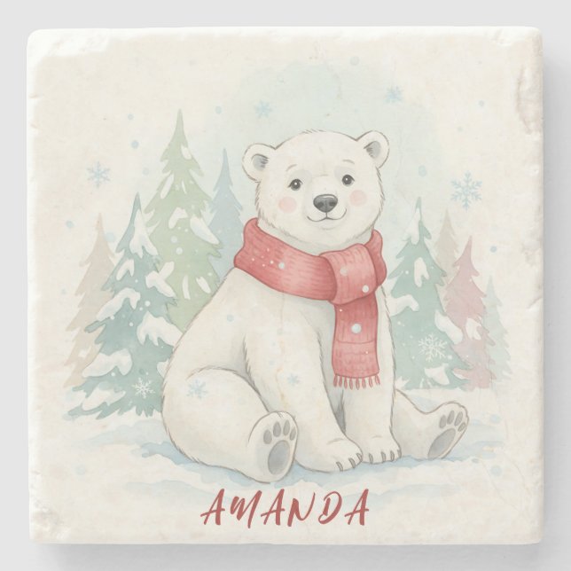 Cute watercolor Polar Bear Winter  Stone Coaster (Front)
