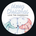 Cute Watercolor Polar Bears Merry Christmas Classic Round Sticker<br><div class="desc">Sweet watercolor illustration of cuddling polar bears. Custom gift labels.</div>