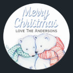 Cute Watercolor Polar Bears Merry Christmas Classic Round Sticker<br><div class="desc">Sweet watercolor illustration of cuddling polar bears. Custom gift labels.</div>